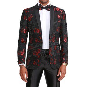 Mens Shiny Floral Red 2-Tone Black Jacket by Tazio